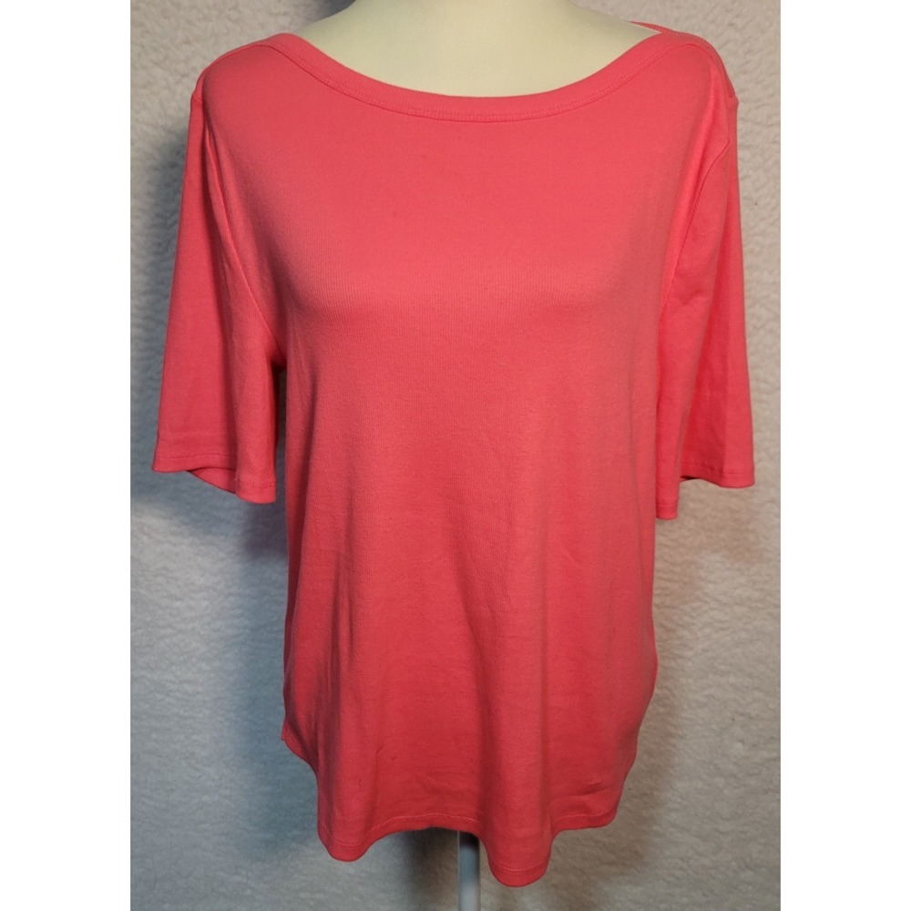 Talbots Short Sleeve Top Women's Crewneck Salmon Pink Sz XL Stretch Ribbed 1913